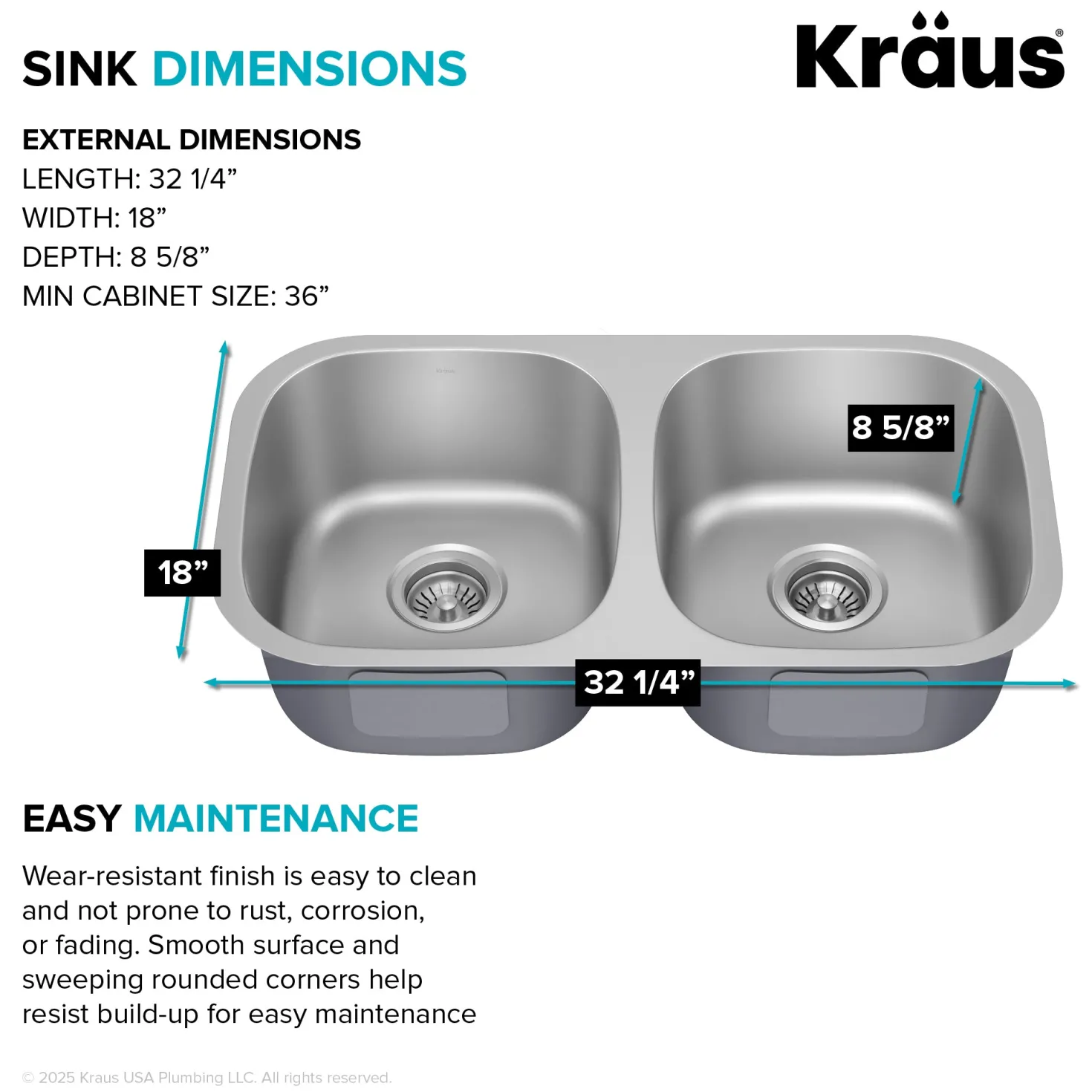 KRAUS 32" Undermount 50/50 Double Bowl Stainless Steel Kitchen Sink