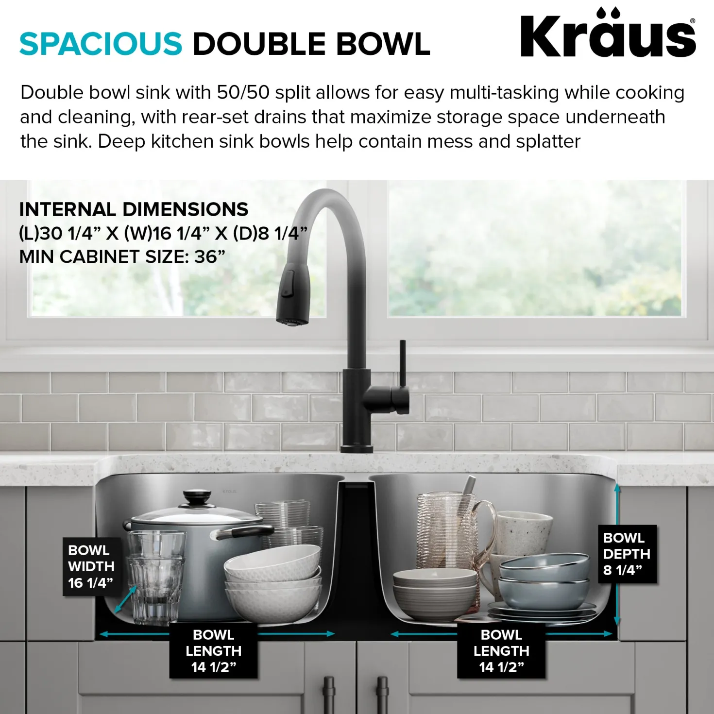 KRAUS 32" Undermount 50/50 Double Bowl Stainless Steel Kitchen Sink