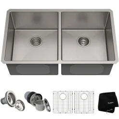 KRAUS 33" Undermount 50/50 Double Bowl 16 Gauge Stainless Steel Kitchen Sink with NoiseDefend Soundproofing