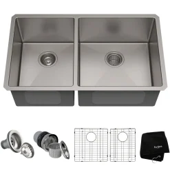 KRAUS 33" Undermount 40/60 Double Bowl 16 Gauge Stainless Steel Kitchen Sink with NoiseDefend Soundproofing