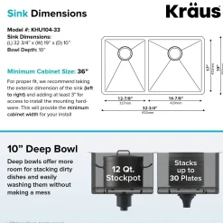 KRAUS 33" Undermount 40/60 Double Bowl 16 Gauge Stainless Steel Kitchen Sink with NoiseDefend Soundproofing