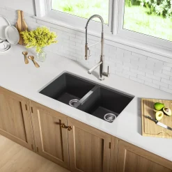 KRAUS 33" Undermount 50/50 Double Bowl Black Onyx Granite Kitchen Sink