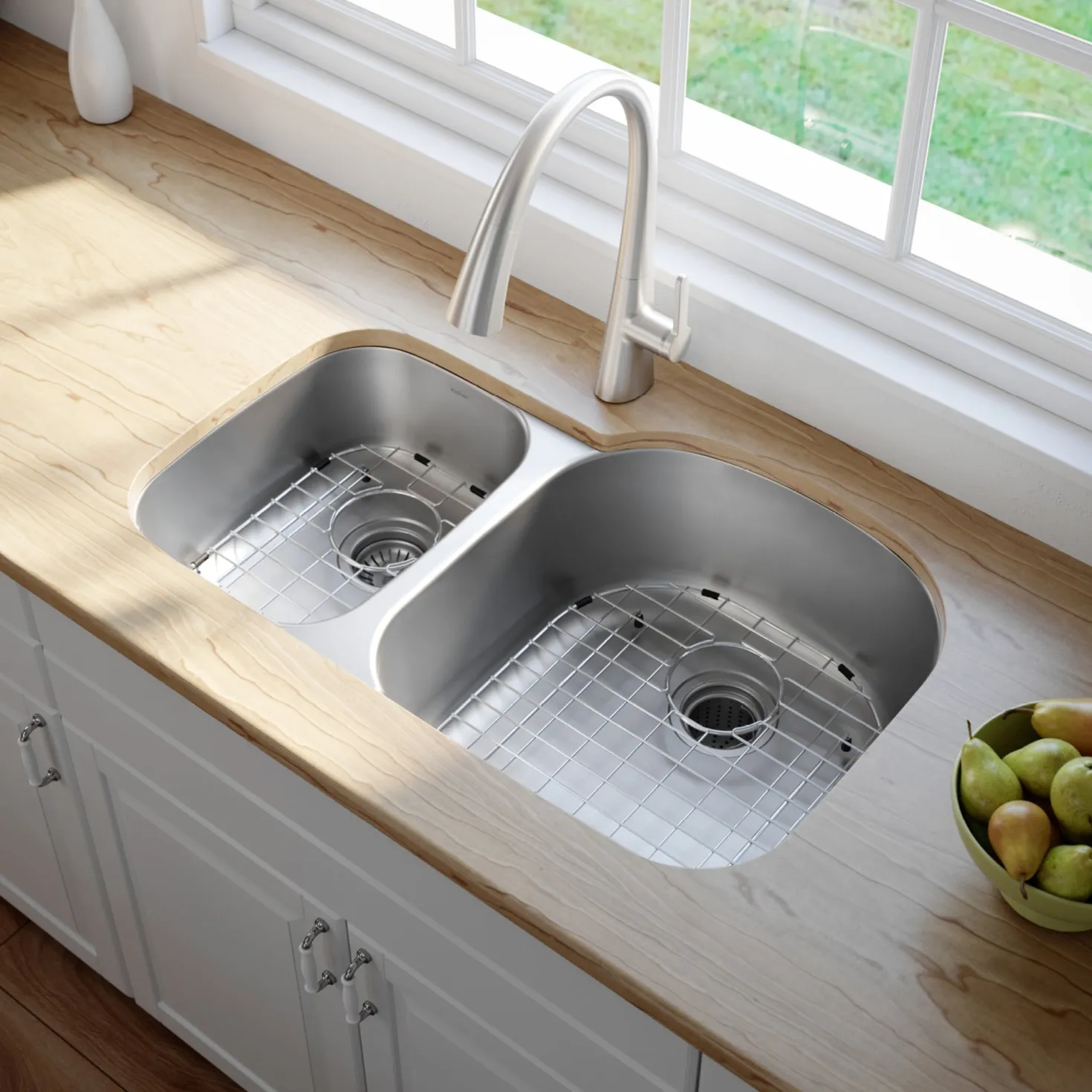 KRAUS 32" Undermount 40/60 Double Bowl 16 Gauge Stainless Steel Kitchen Sink with NoiseDefend Soundproofing