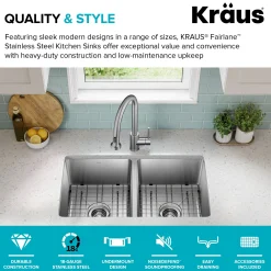 KRAUS 33” Undermount Double Bowl Stainless Steel Kitchen Sink