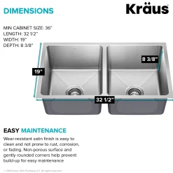 KRAUS 33” Undermount Double Bowl Stainless Steel Kitchen Sink