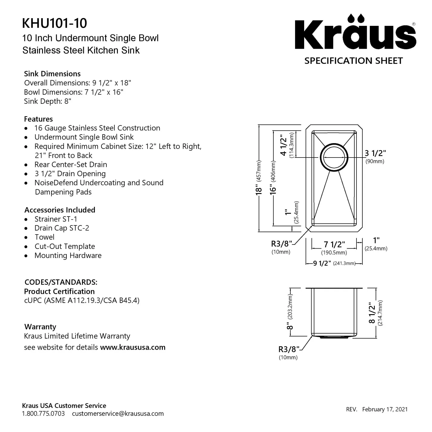 KRAUS 10" Undermount 16 Gauge Stainless Steel Bar Prep Sink