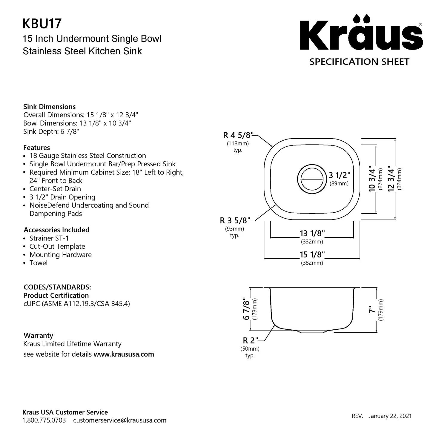 KRAUS 15" Undermount Prep Sink with Center Drain