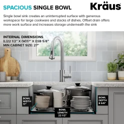 KRAUS 25” Undermount Single Bowl Side-Drain Stainless Kitchen Sink