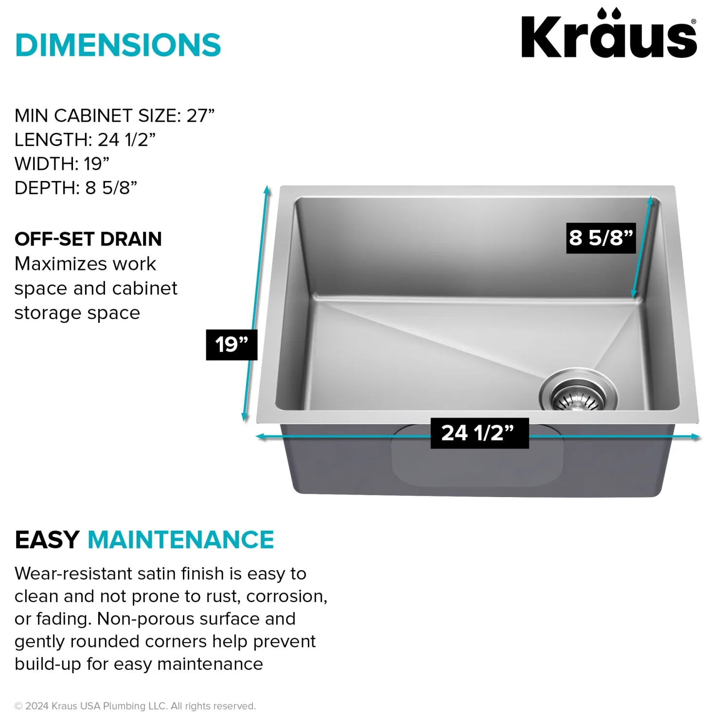 KRAUS 25” Undermount Single Bowl Side-Drain Stainless Kitchen Sink