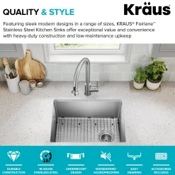 KRAUS 25” Undermount Single Bowl Side-Drain Stainless Kitchen Sink