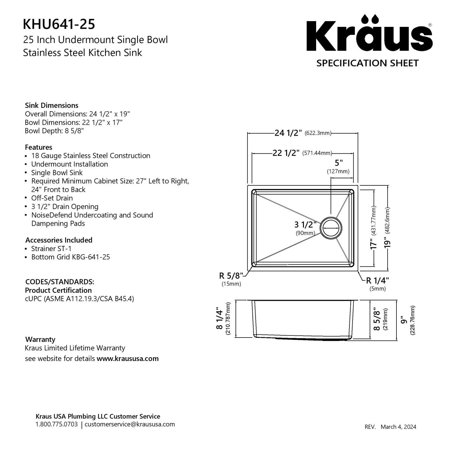 KRAUS 25” Undermount Single Bowl Side-Drain Stainless Kitchen Sink