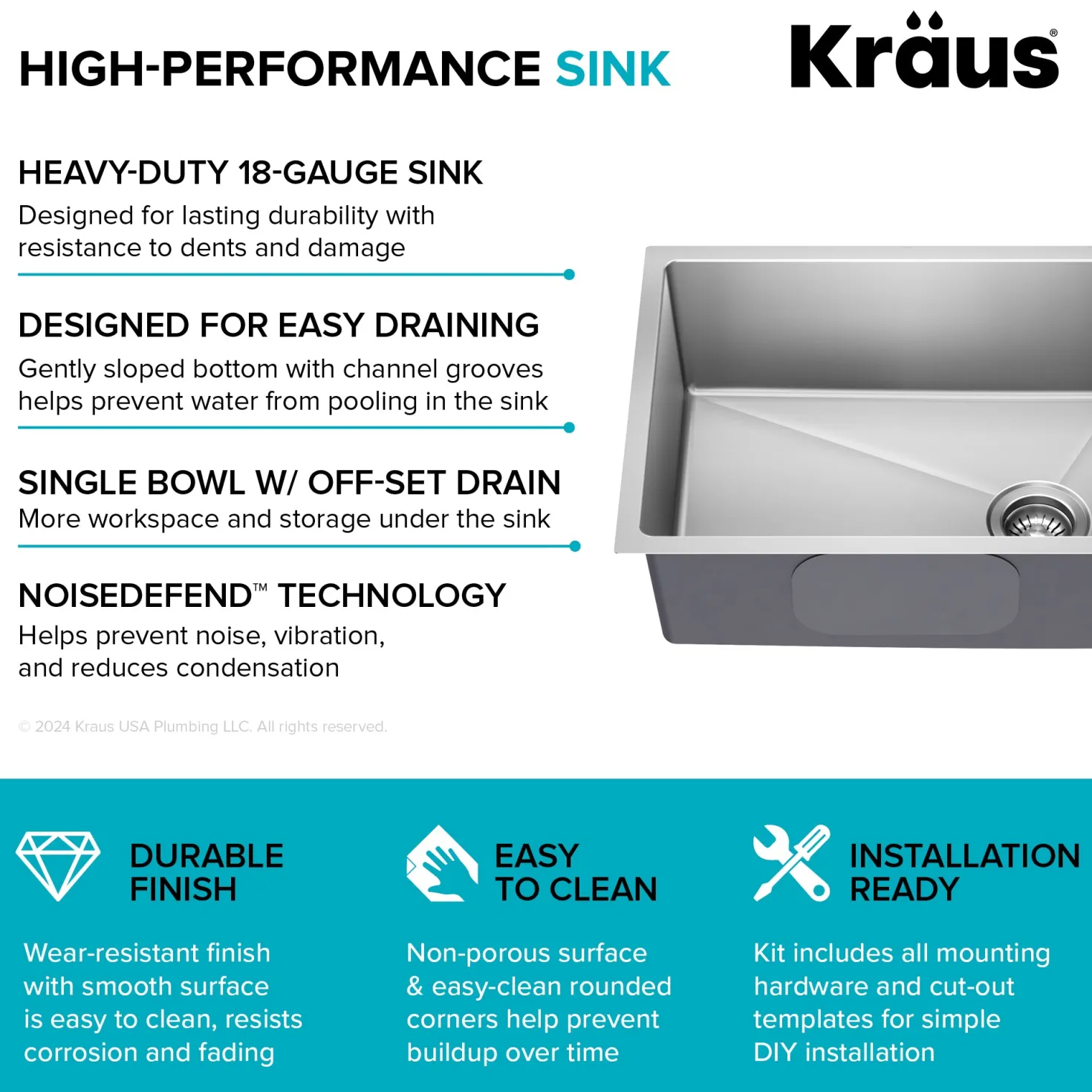 KRAUS 25” Undermount Single Bowl Side-Drain Stainless Kitchen Sink