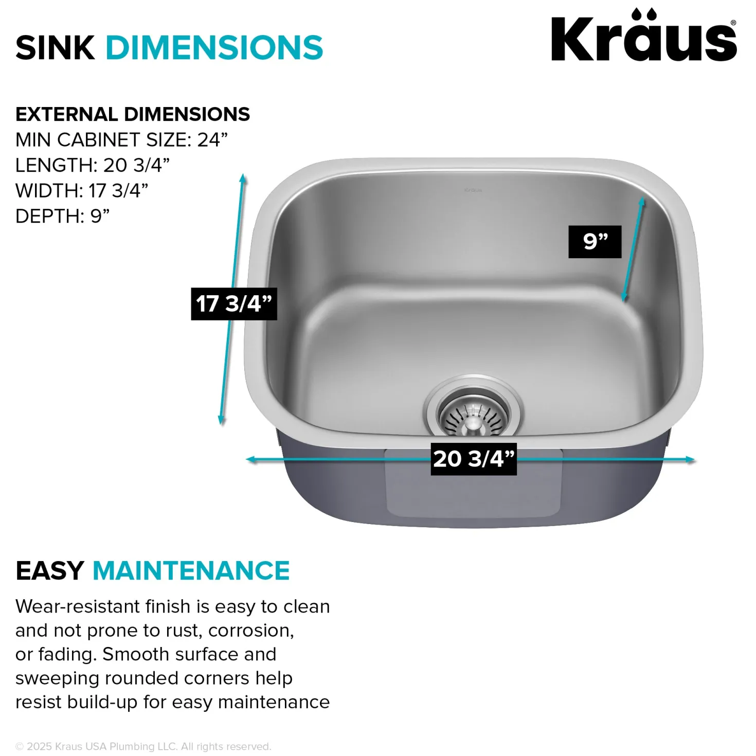 KRAUS 20" Undermount Single Bowl Stainless Steel Kitchen Sink