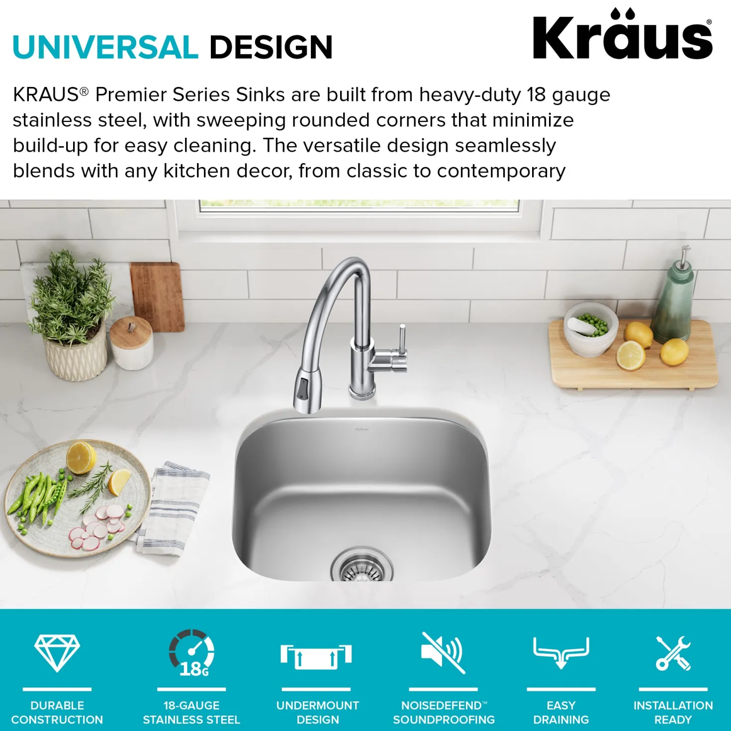 KRAUS 20" Undermount Single Bowl Stainless Steel Kitchen Sink