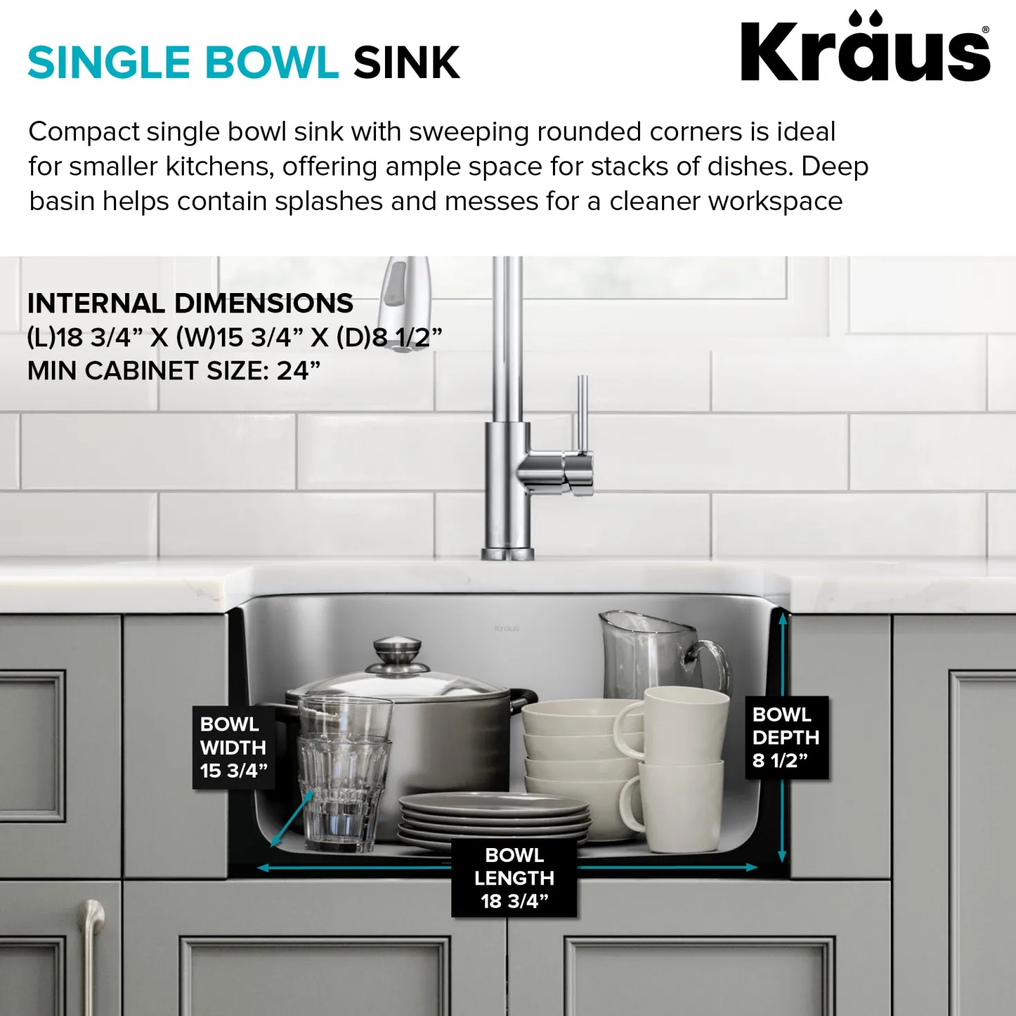 KRAUS 20" Undermount Single Bowl Stainless Steel Kitchen Sink