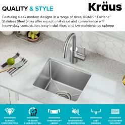 KRAUS 15” Undermount Single Bowl Stainless Steel Kitchen Bar Sink