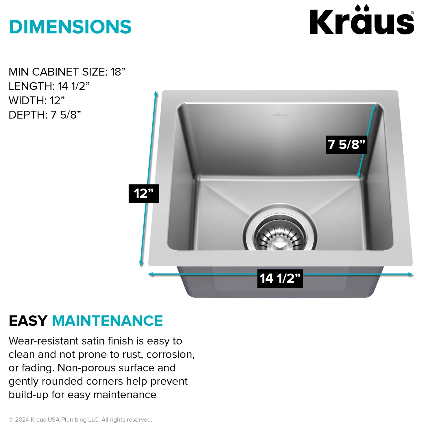 KRAUS 15” Undermount Single Bowl Stainless Steel Kitchen Bar Sink