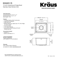 KRAUS 15” Undermount Single Bowl Stainless Steel Kitchen Bar Sink
