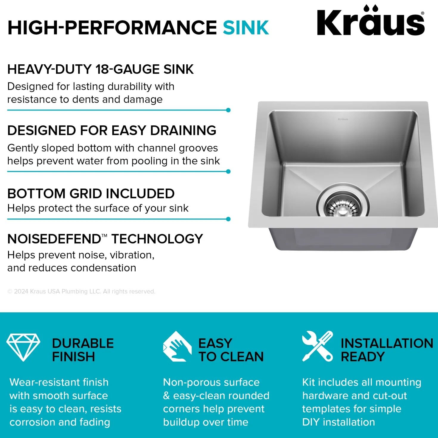 KRAUS 15” Undermount Single Bowl Stainless Steel Kitchen Bar Sink