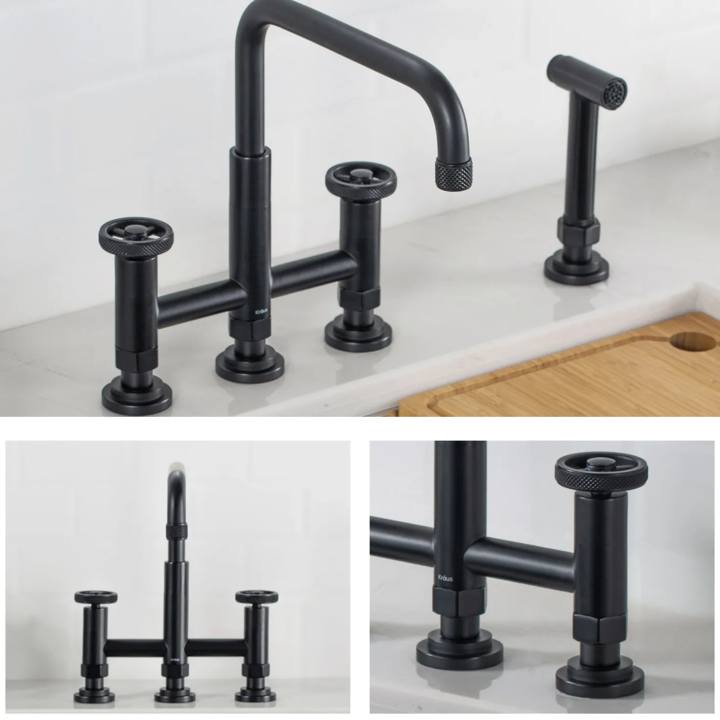 KRAUS Urbix Bridge Kitchen Faucet with Side Sprayer in Matte Black