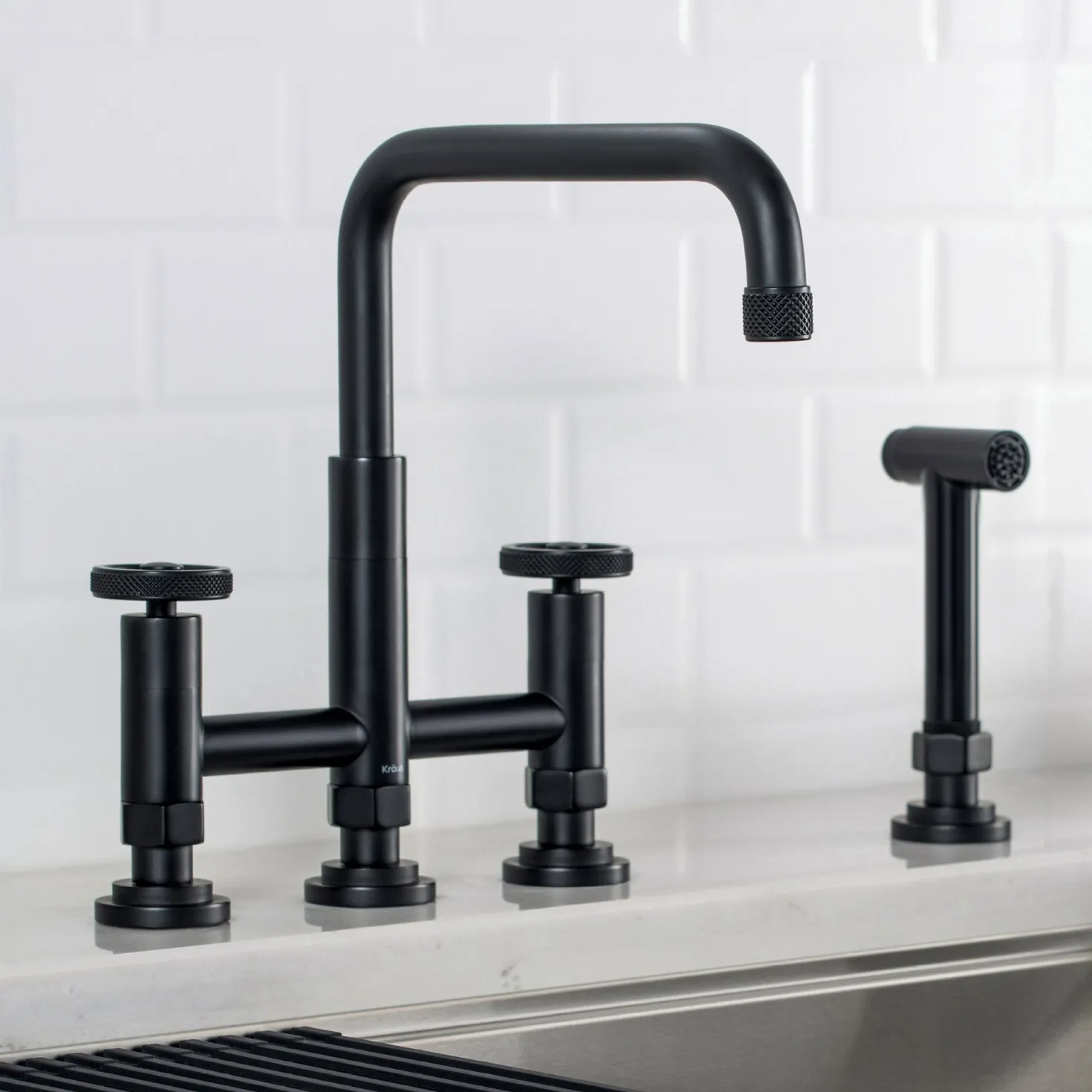 KRAUS Urbix Bridge Kitchen Faucet with Side Sprayer in Matte Black