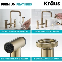 KRAUS Urbix Bridge Kitchen Faucet with Side Sprayer in Brushed Gold