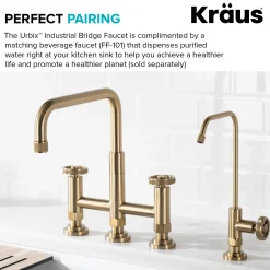KRAUS Urbix Bridge Kitchen Faucet with Side Sprayer in Brushed Gold