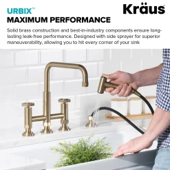 KRAUS Urbix Bridge Kitchen Faucet with Side Sprayer in Brushed Gold