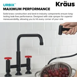 KRAUS Urbix Bridge Kitchen Faucet with Side Sprayer in Matte Black/Red