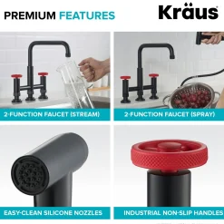 KRAUS Urbix Bridge Kitchen Faucet with Side Sprayer in Matte Black/Red
