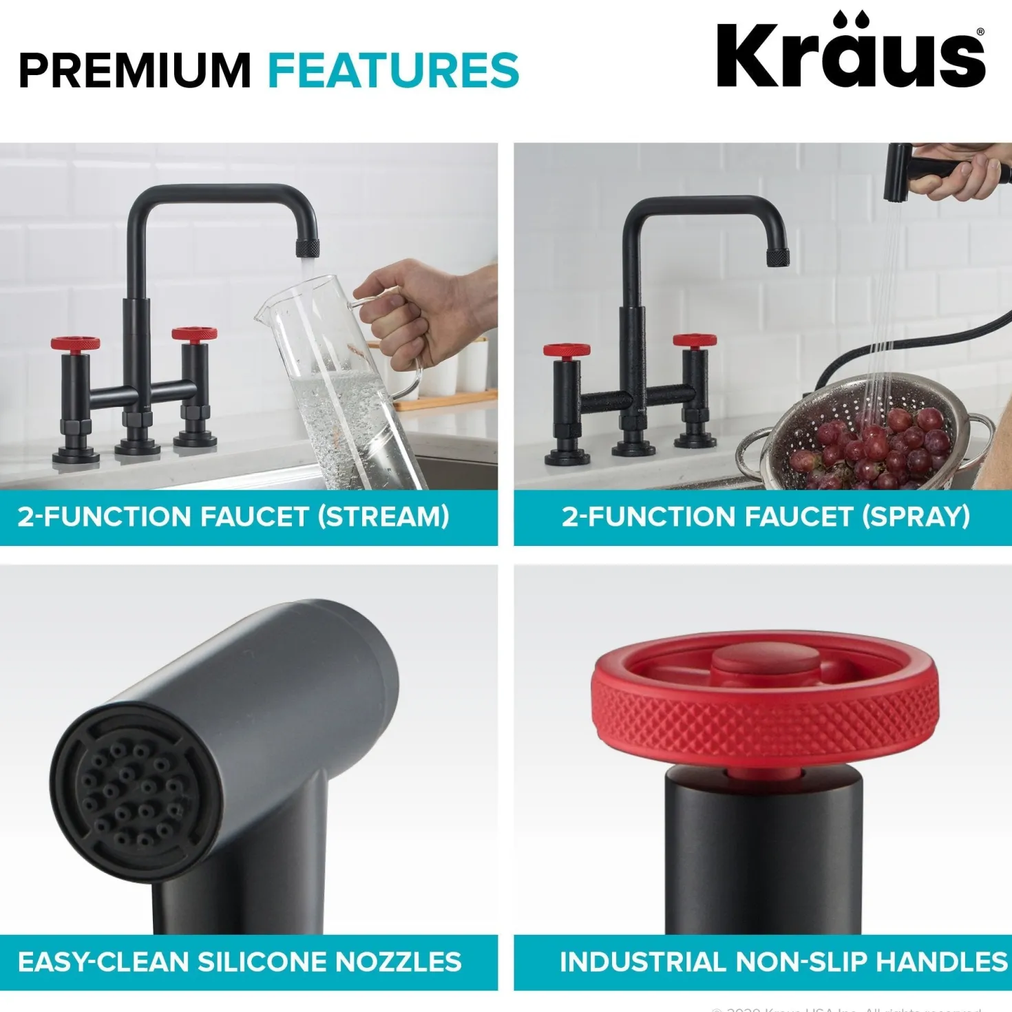 KRAUS Urbix Bridge Kitchen Faucet with Side Sprayer in Matte Black/Red