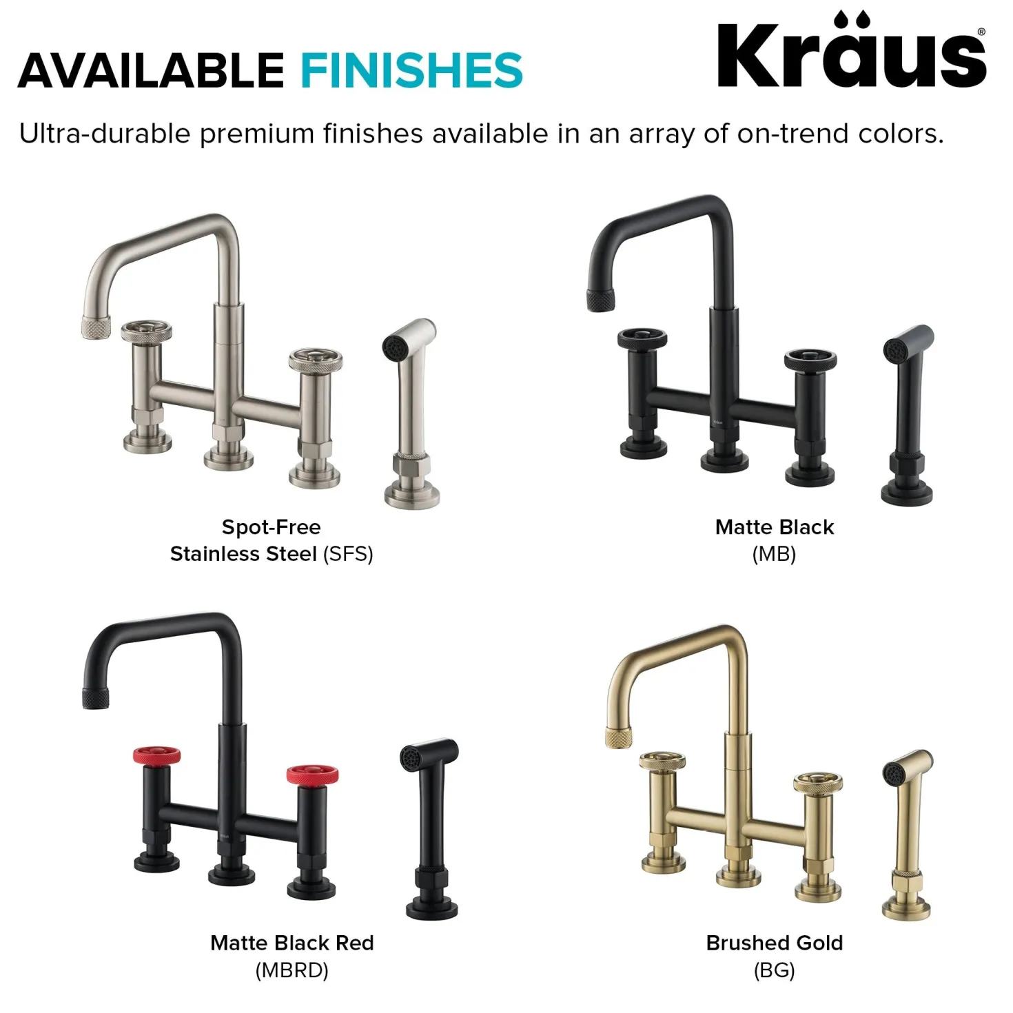 KRAUS Urbix Bridge Kitchen Faucet with Side Sprayer in Matte Black/Red