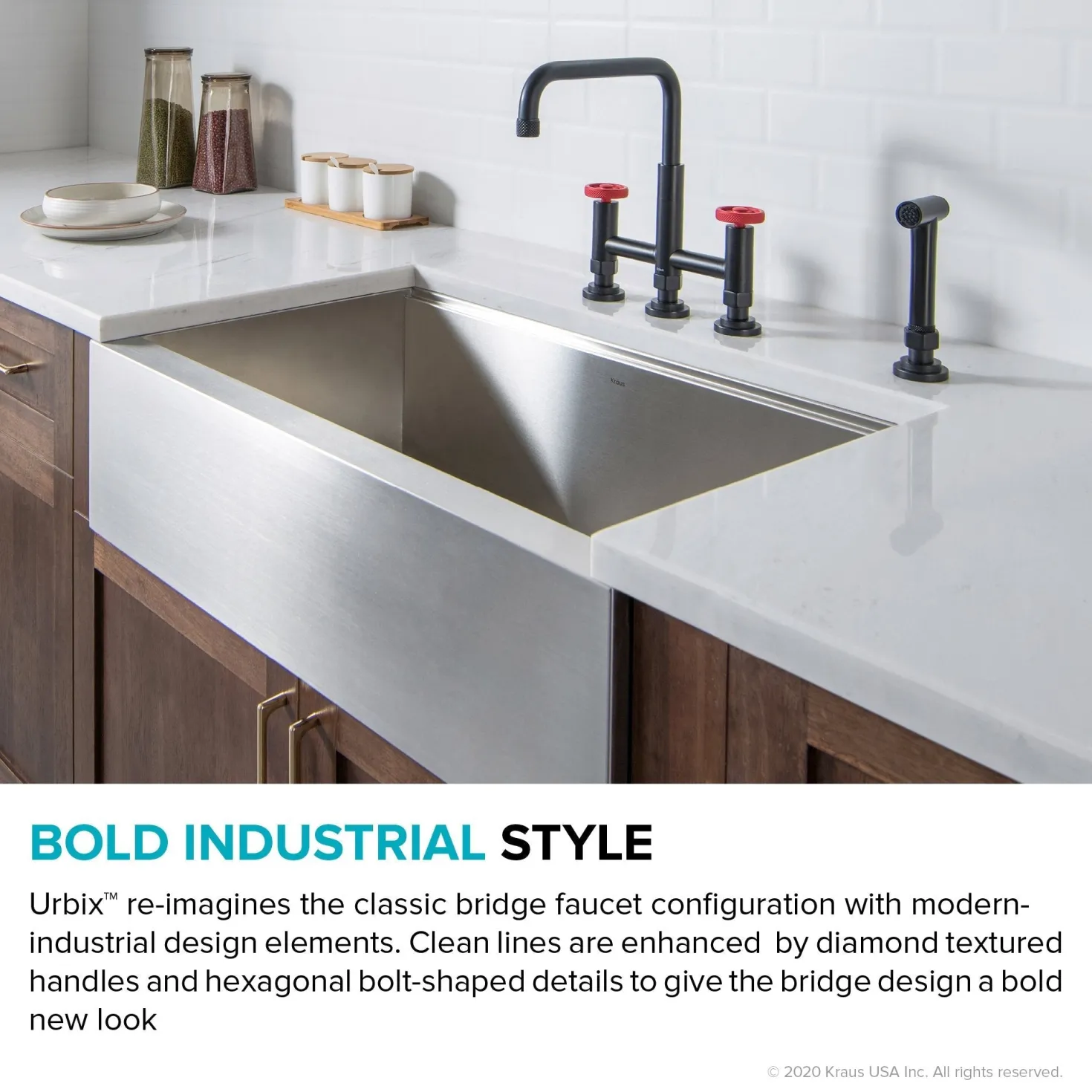 KRAUS Urbix Bridge Kitchen Faucet with Side Sprayer in Matte Black/Red