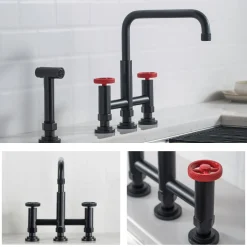KRAUS Urbix Bridge Kitchen Faucet with Side Sprayer in Matte Black/Red