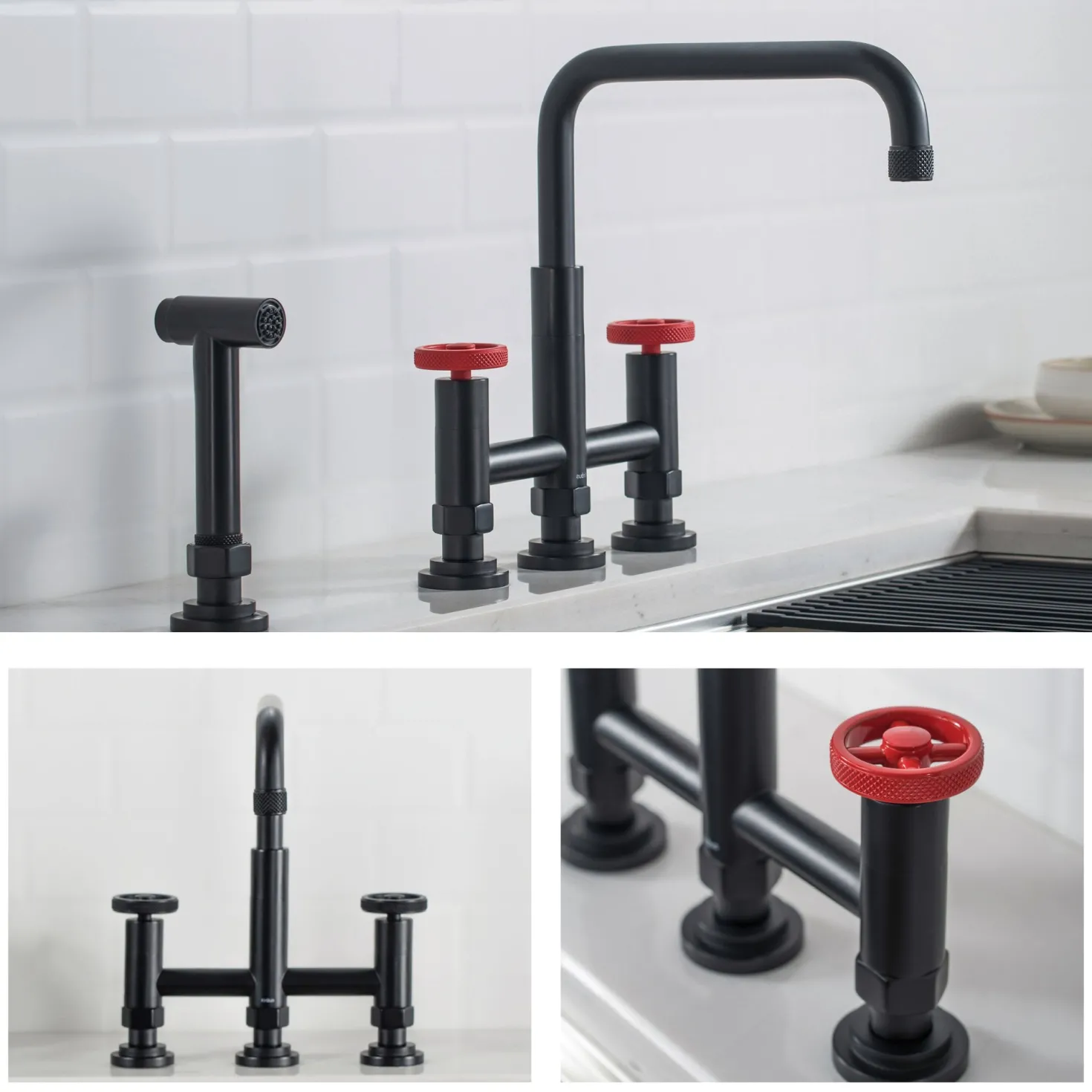 KRAUS Urbix Bridge Kitchen Faucet with Side Sprayer in Matte Black/Red