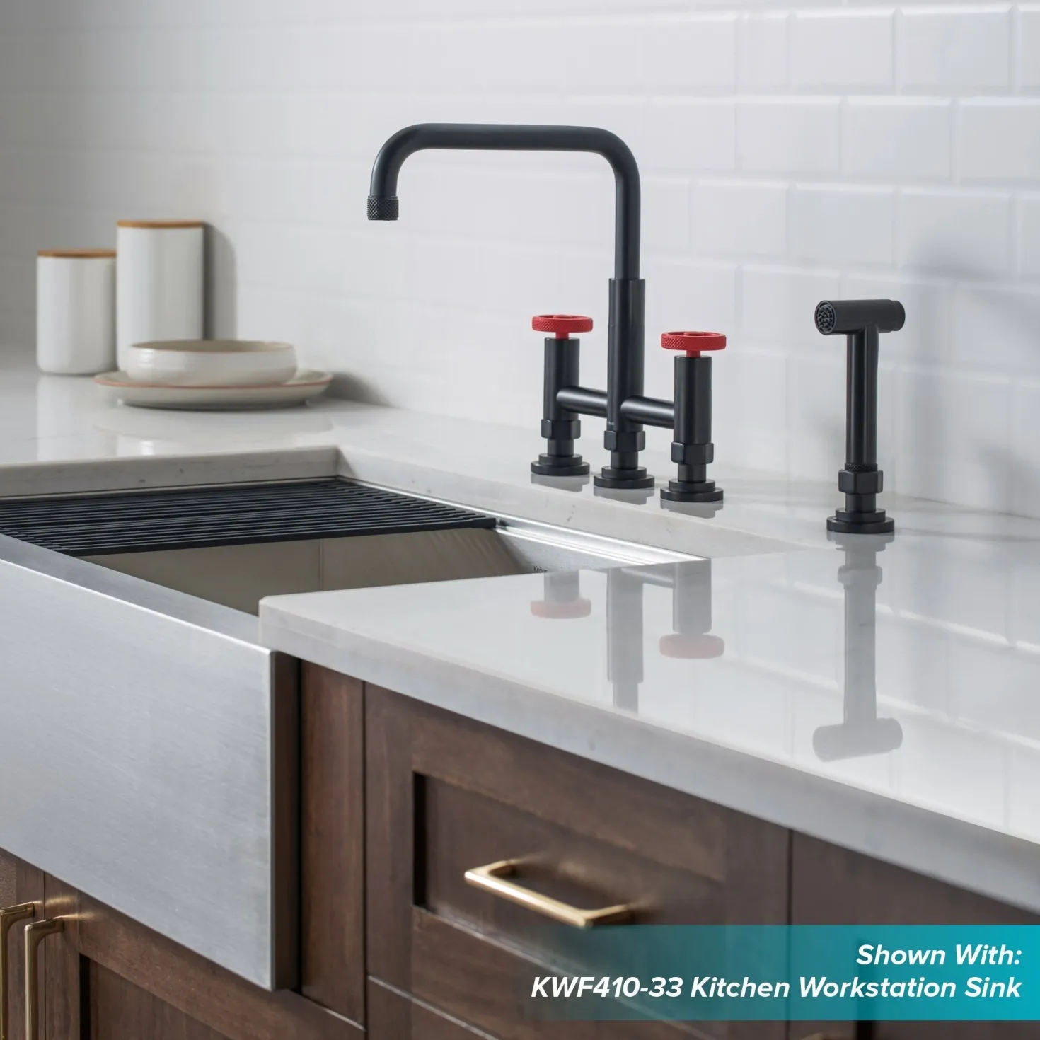 KRAUS Urbix Bridge Kitchen Faucet with Side Sprayer in Matte Black/Red