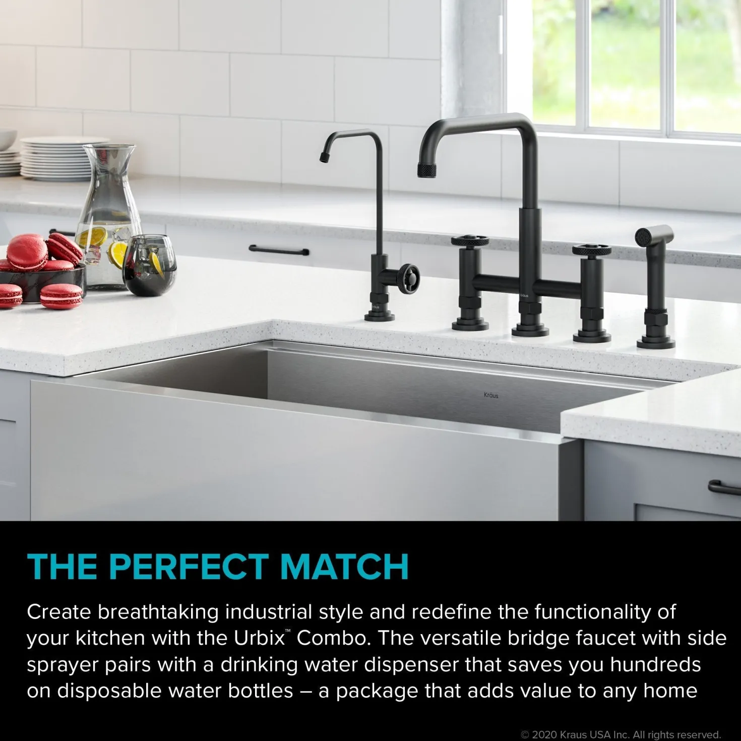 KRAUS Urbix Industrial Bridge Kitchen Faucet & Water Filter Faucet in Matte Black