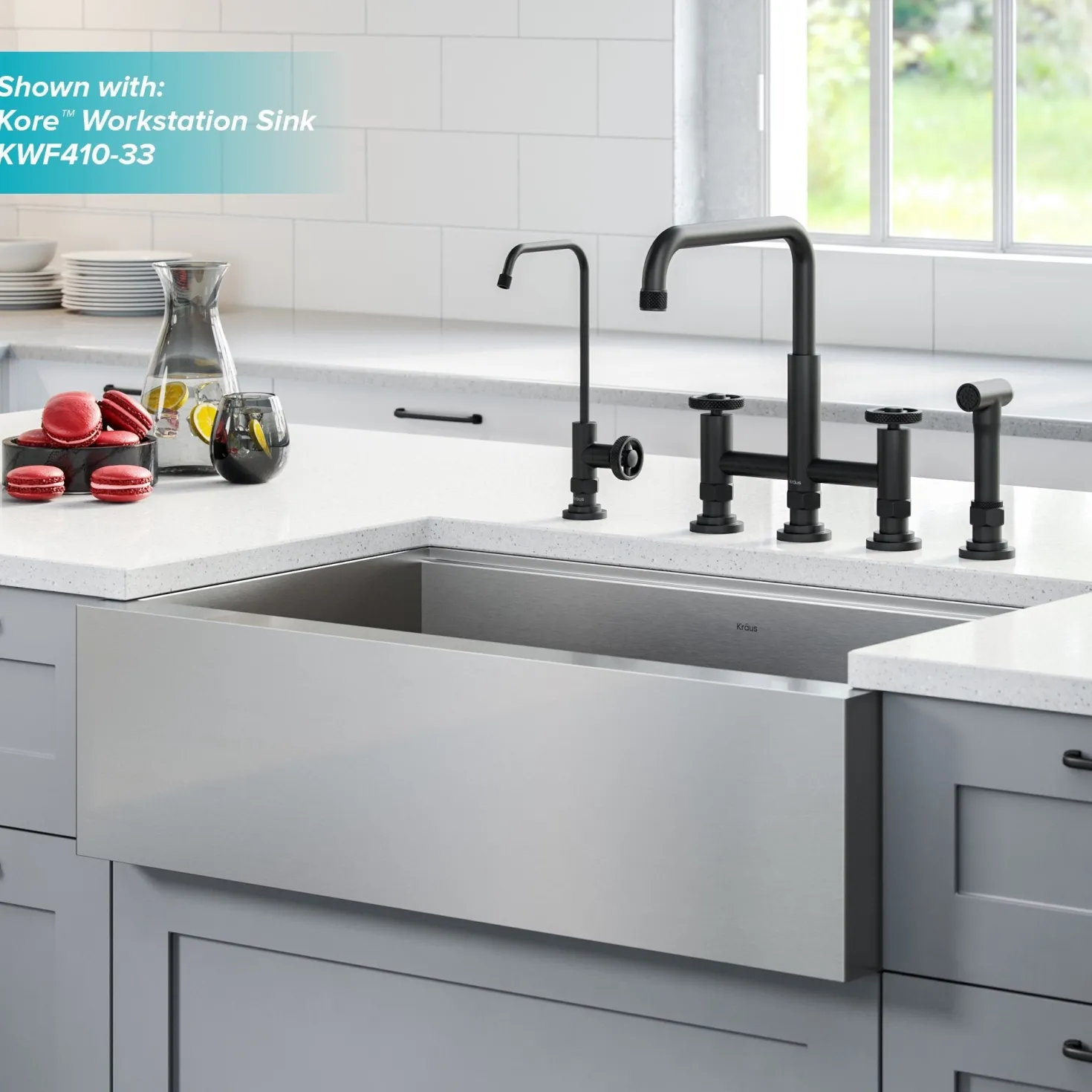 KRAUS Urbix Industrial Bridge Kitchen Faucet & Water Filter Faucet in Matte Black