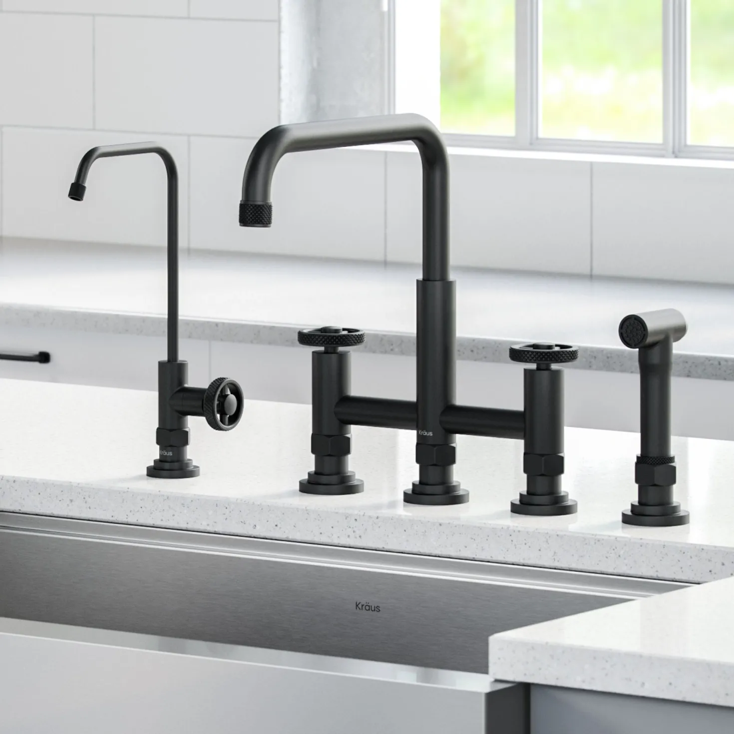 KRAUS Urbix Industrial Bridge Kitchen Faucet & Water Filter Faucet in Matte Black