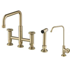 KRAUS Urbix Industrial Bridge Kitchen Faucet & Water Filter Faucet in Brushed Gold