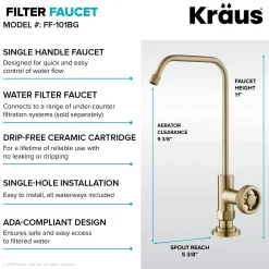 KRAUS Urbix Industrial Bridge Kitchen Faucet & Water Filter Faucet in Brushed Gold