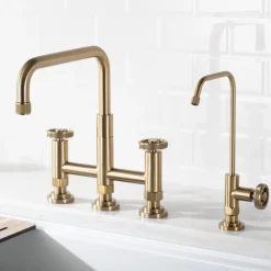KRAUS Urbix Industrial Bridge Kitchen Faucet & Water Filter Faucet in Brushed Gold