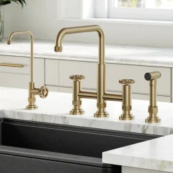 KRAUS Urbix Industrial Bridge Kitchen Faucet & Water Filter Faucet in Brushed Gold