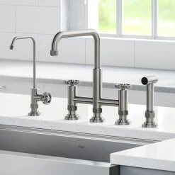 KRAUS Urbix Industrial Bridge Kitchen Faucet & Water Filter Faucet in Spot Free Stainless Steel