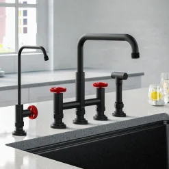KRAUS Urbix Industrial Bridge Kitchen Faucet & Water Filter Faucet in Matte Black/Red