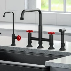 KRAUS Urbix Industrial Bridge Kitchen Faucet & Water Filter Faucet in Matte Black/Red