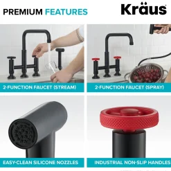 KRAUS Urbix Industrial Bridge Kitchen Faucet & Water Filter Faucet in Matte Black/Red