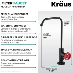KRAUS Urbix Industrial Bridge Kitchen Faucet & Water Filter Faucet in Matte Black/Red