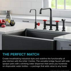 KRAUS Urbix Industrial Bridge Kitchen Faucet & Water Filter Faucet in Matte Black/Red