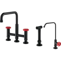 KRAUS Urbix Industrial Bridge Kitchen Faucet & Water Filter Faucet in Matte Black/Red